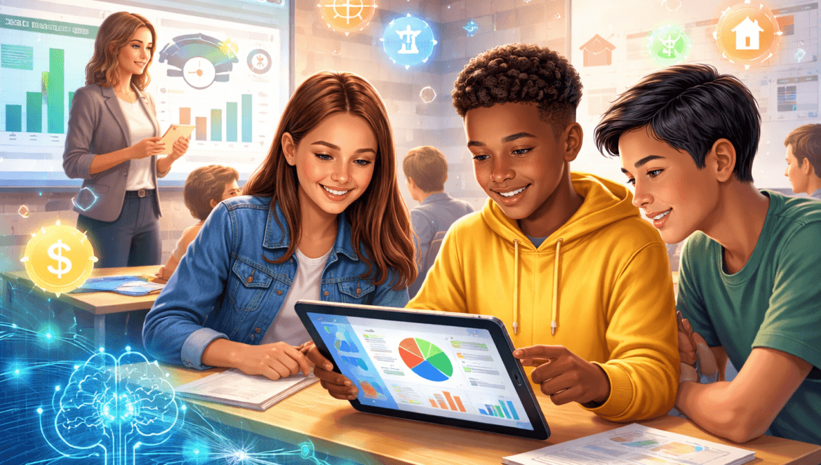 Three students view data charts on a tablet in a classroom, while their teacher and digital graphics of graphs and icons highlight the role of AI financial literacy in schools.