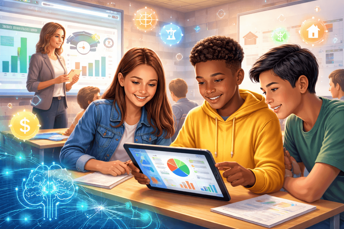 Three students view data charts on a tablet in a classroom, while their teacher and digital graphics of graphs and icons highlight the role of AI financial literacy in schools.