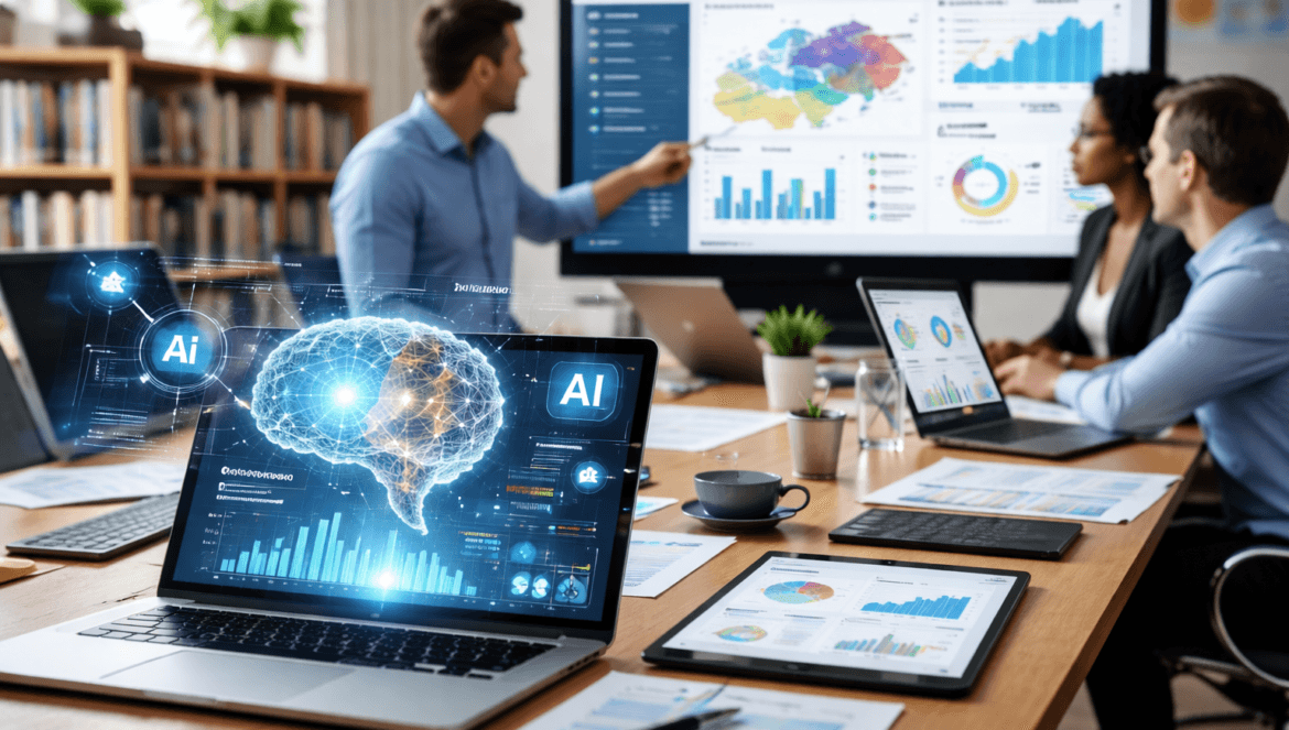 Business meeting in an office with laptops displaying AI in K–12 Procurement graphics, as participants discuss data and charts shown on large screens and papers.