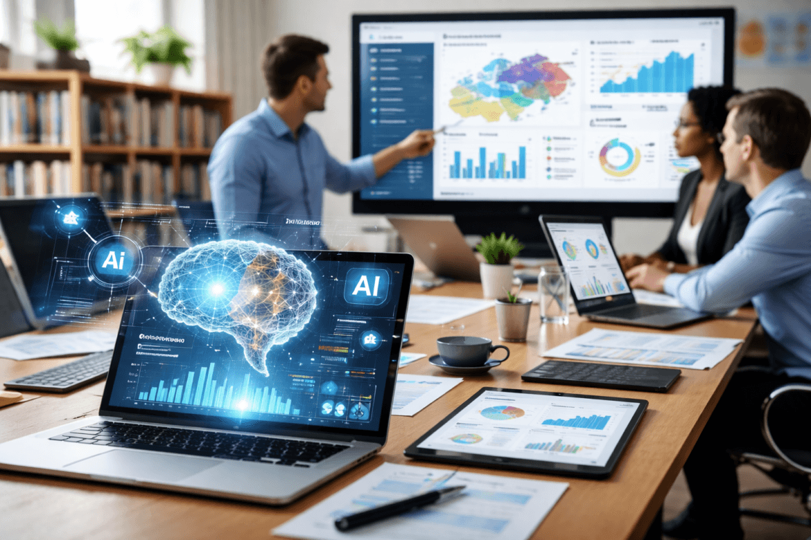 Business meeting in an office with laptops displaying AI in K–12 Procurement graphics, as participants discuss data and charts shown on large screens and papers.