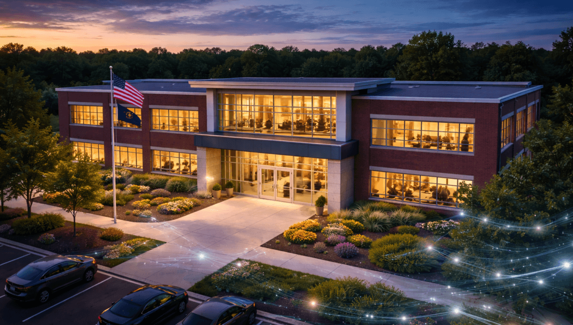 A modern two-story office building with large windows is illuminated at dusk, surrounded by landscaped gardens, parked cars, and an American flag; glowing digital effects suggest the impact of AI in K–12 Procurement Operations Today.