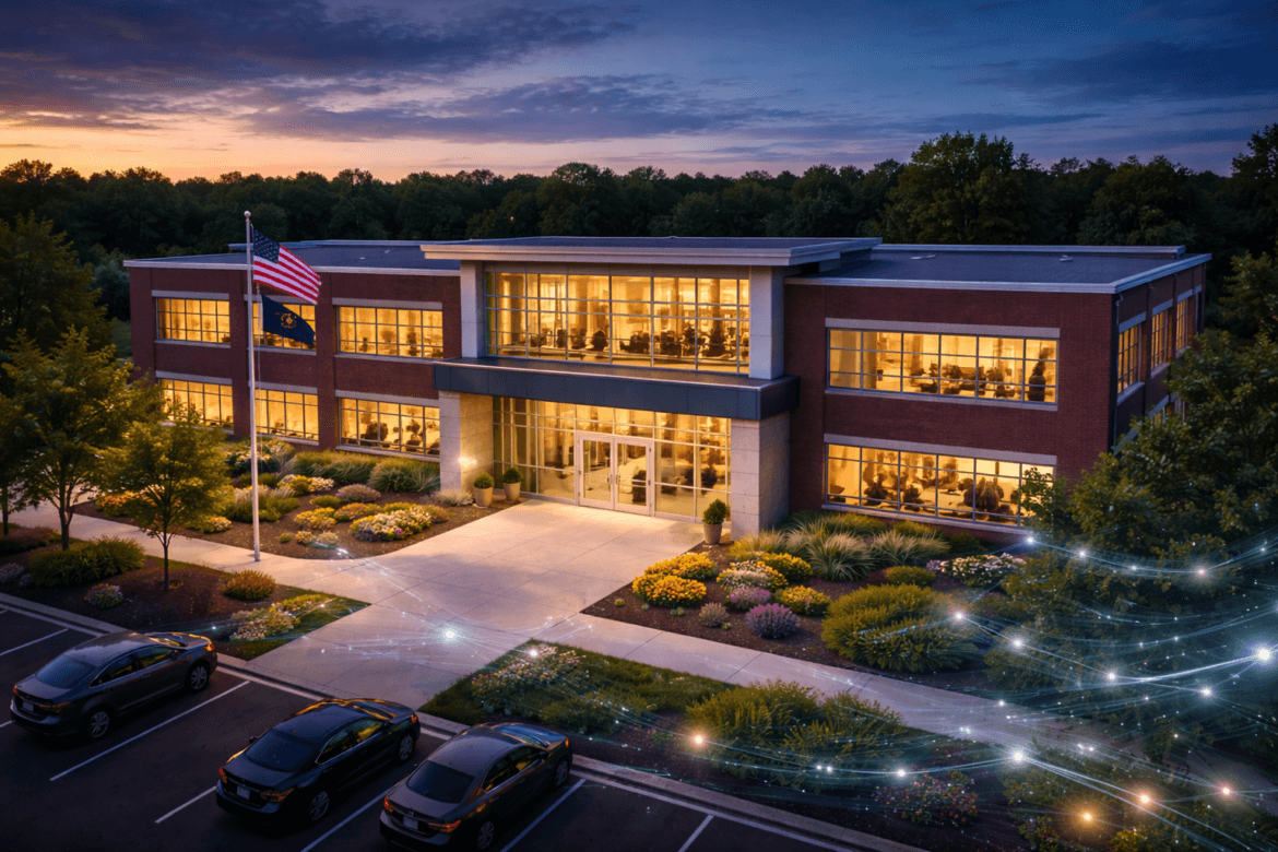 A modern two-story office building with large windows is illuminated at dusk, surrounded by landscaped gardens, parked cars, and an American flag; glowing digital effects suggest the impact of AI in K–12 Procurement Operations Today.