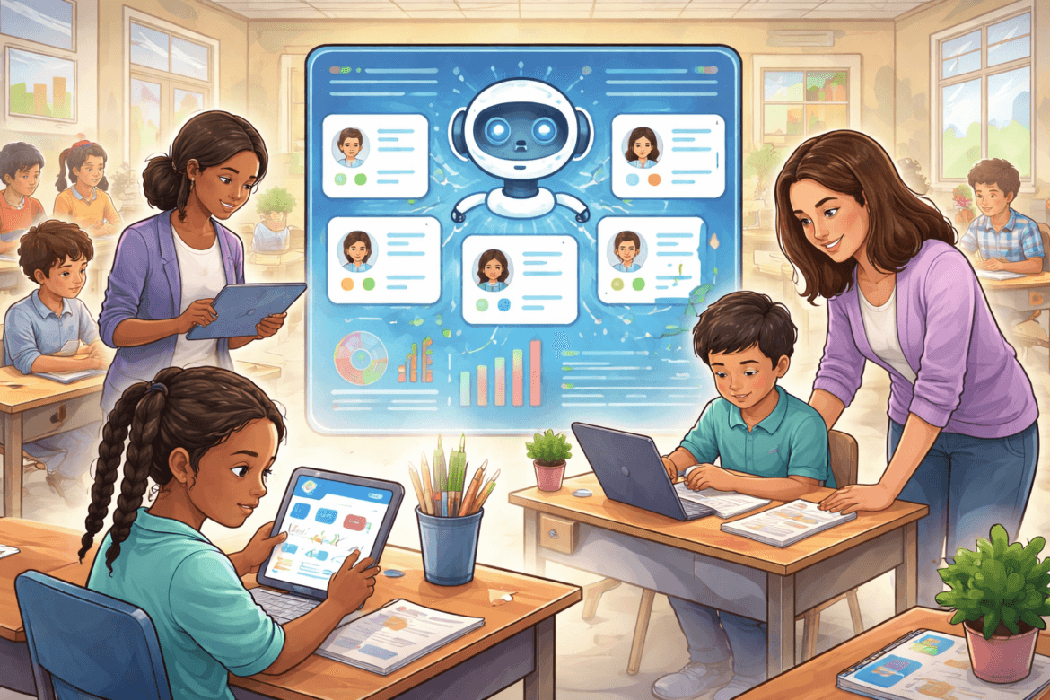 Students use tablets and laptops in a classroom as a large digital screen displays a robot and student profiles, while teachers assist with technology-based learning and AI student assessments.