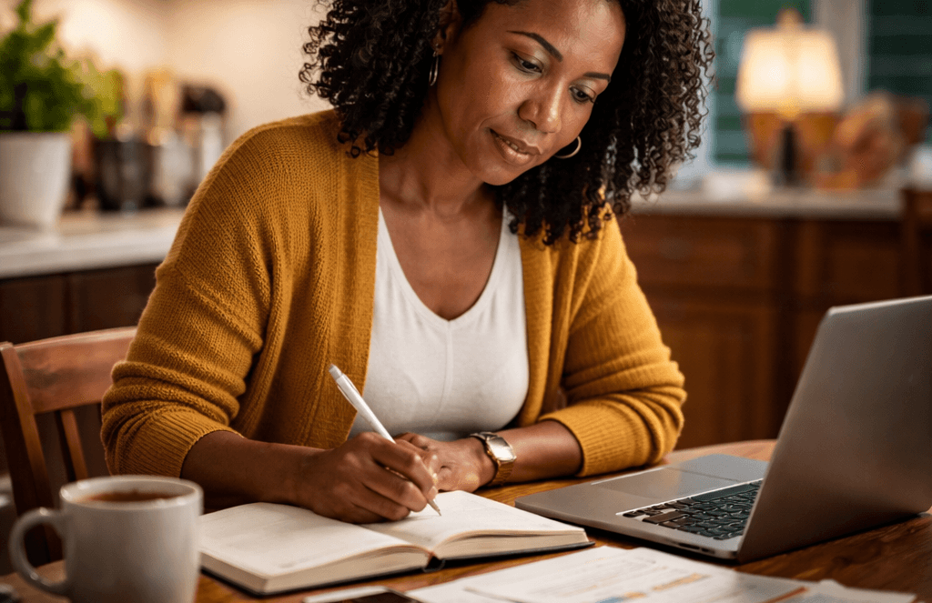 A woman sits at a kitchen table working on a laptop, exploring Ai in Education while writing in a notebook, with papers, a smartphone, and a coffee mug nearby.