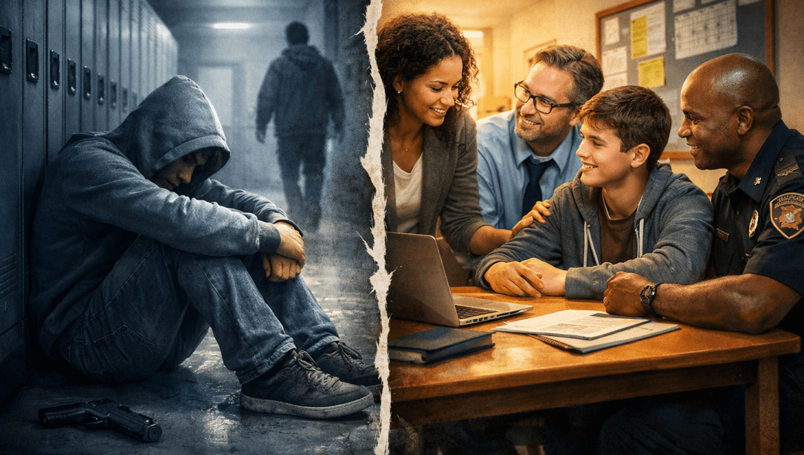 A split image shows a sad teenager sitting by lockers next to a gun on the left, and the same teen smiling with supportive adults at a table on the right, highlighting the impact of BTAM in Schools.
