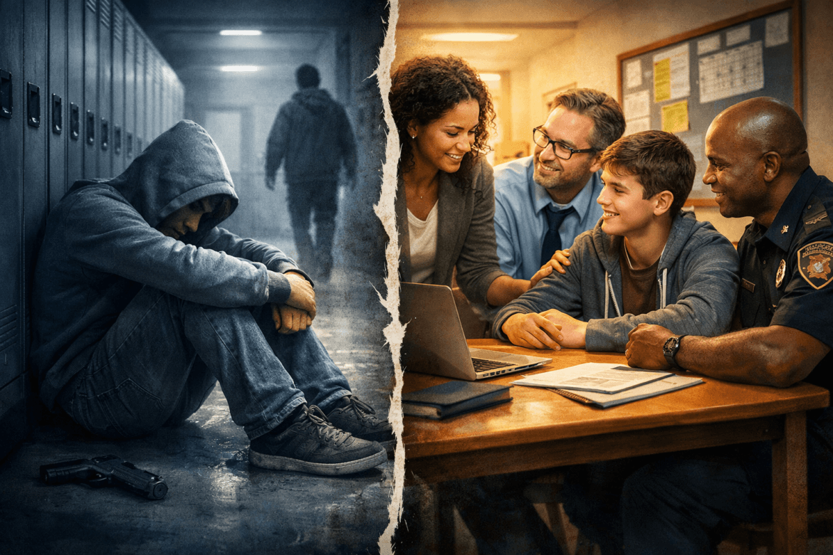 A split image shows a sad teenager sitting by lockers next to a gun on the left, and the same teen smiling with supportive adults at a table on the right, highlighting the impact of BTAM in Schools.