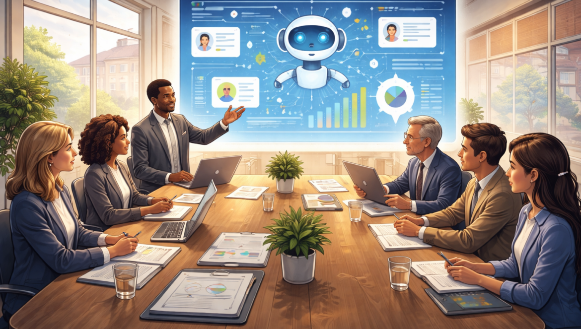 A business meeting with six professionals discusses data on a screen showing a robot, charts, and profiles, suggesting a presentation on AI and Governance or automation.