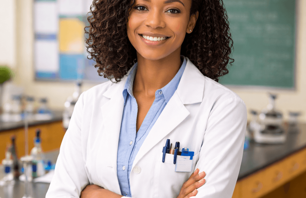 A Chemical Hygiene Officer wearing a white lab coat stands in a laboratory with arms crossed, smiling, surrounded by scientific equipment and a chalkboard in the background.