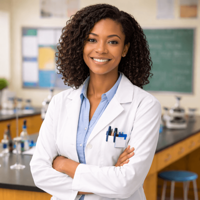 A Chemical Hygiene Officer wearing a white lab coat stands in a laboratory with arms crossed, smiling, surrounded by scientific equipment and a chalkboard in the background.