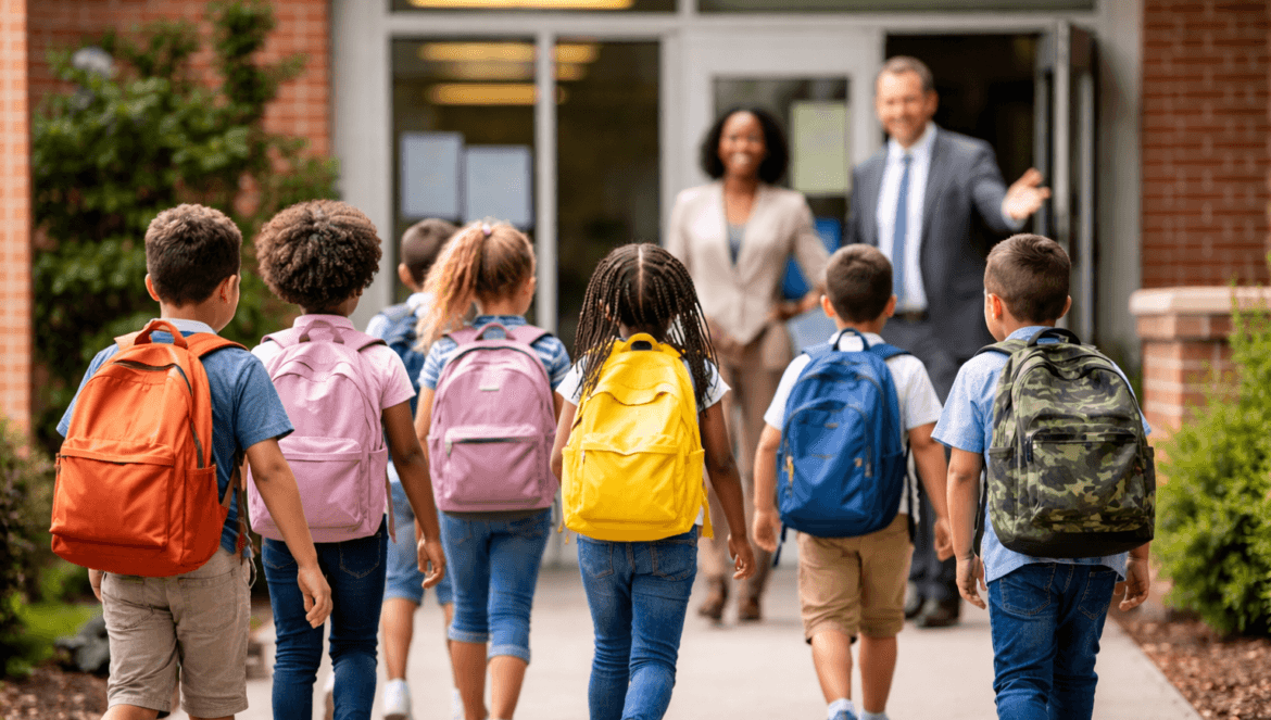 A group of elementary school children with backpacks walk toward a school entrance where two adults are greeting them, working to foster attendance and reduce chronic absenteeism.