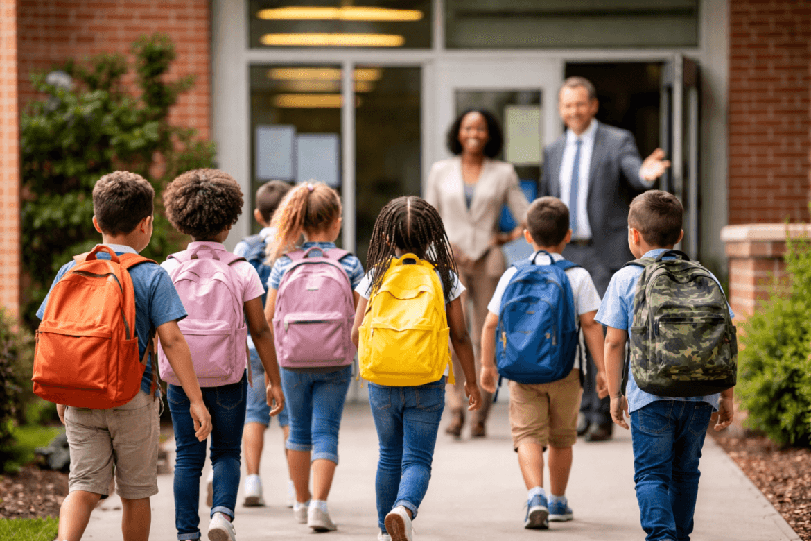 A group of elementary school children with backpacks walk toward a school entrance where two adults are greeting them, working to foster attendance and reduce chronic absenteeism.