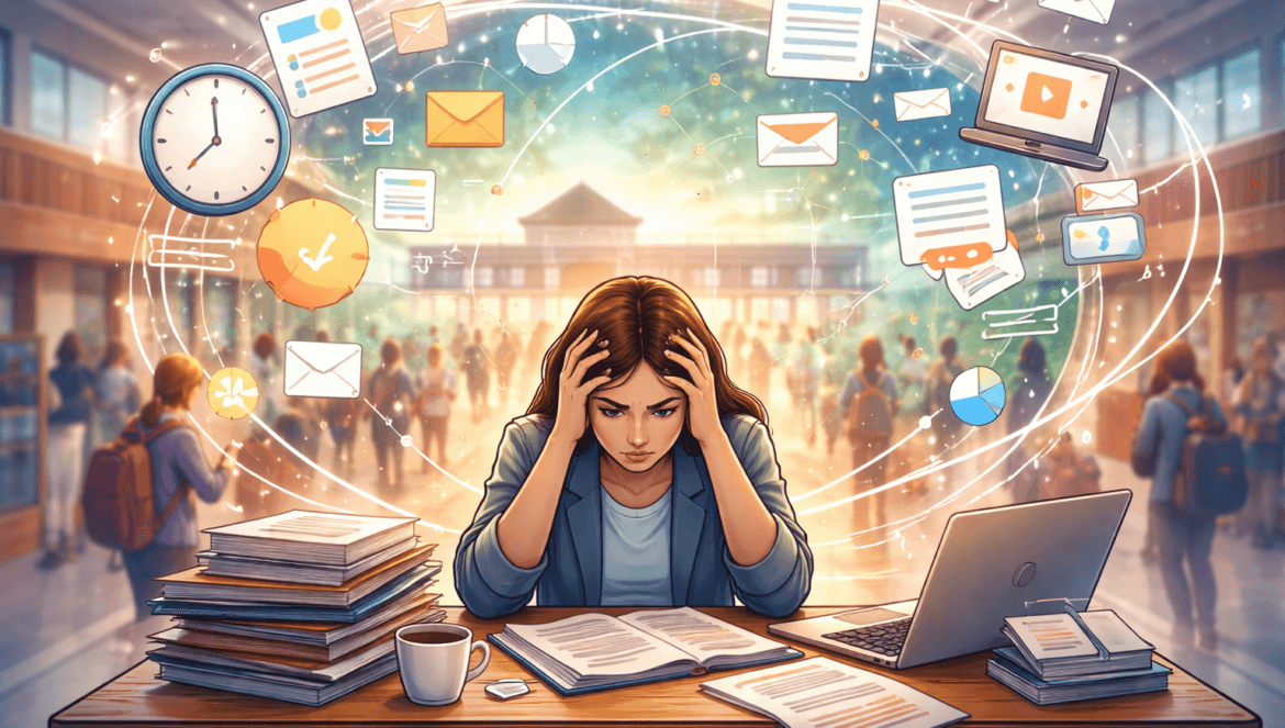 A woman sits at a crowded desk with books and a laptop, looking stressed as digital icons for emails, tasks, and notifications—visualizing her cognitive load—swirl around her in a busy public space.