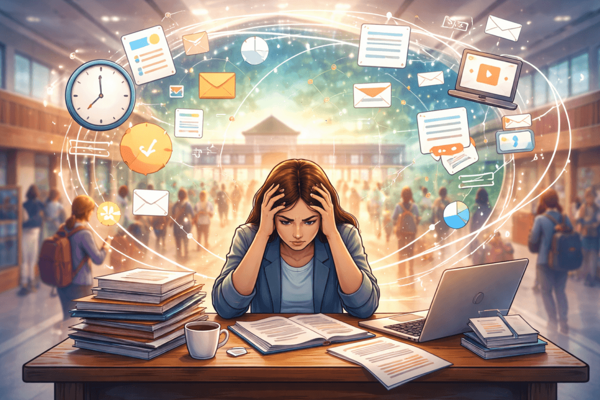 A woman sits at a crowded desk with books and a laptop, looking stressed as digital icons for emails, tasks, and notifications—visualizing her cognitive load—swirl around her in a busy public space.