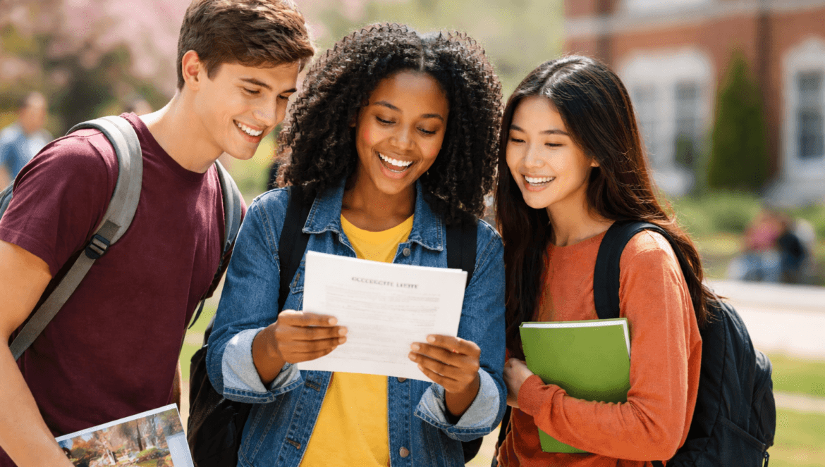 Three students stand outdoors on campus, smiling and looking at a document together as they discuss their College Decision Next Steps. Each carries backpacks and notebooks.