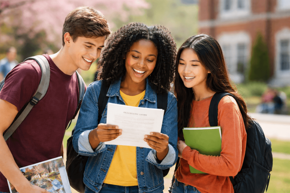 Three students stand outdoors on campus, smiling and looking at a document together as they discuss their College Decision Next Steps. Each carries backpacks and notebooks.