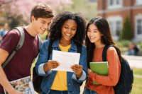Three students stand outdoors on campus smiling and looking at a document together as they discuss their College Decision Next Steps Each carries backpacks and notebooks