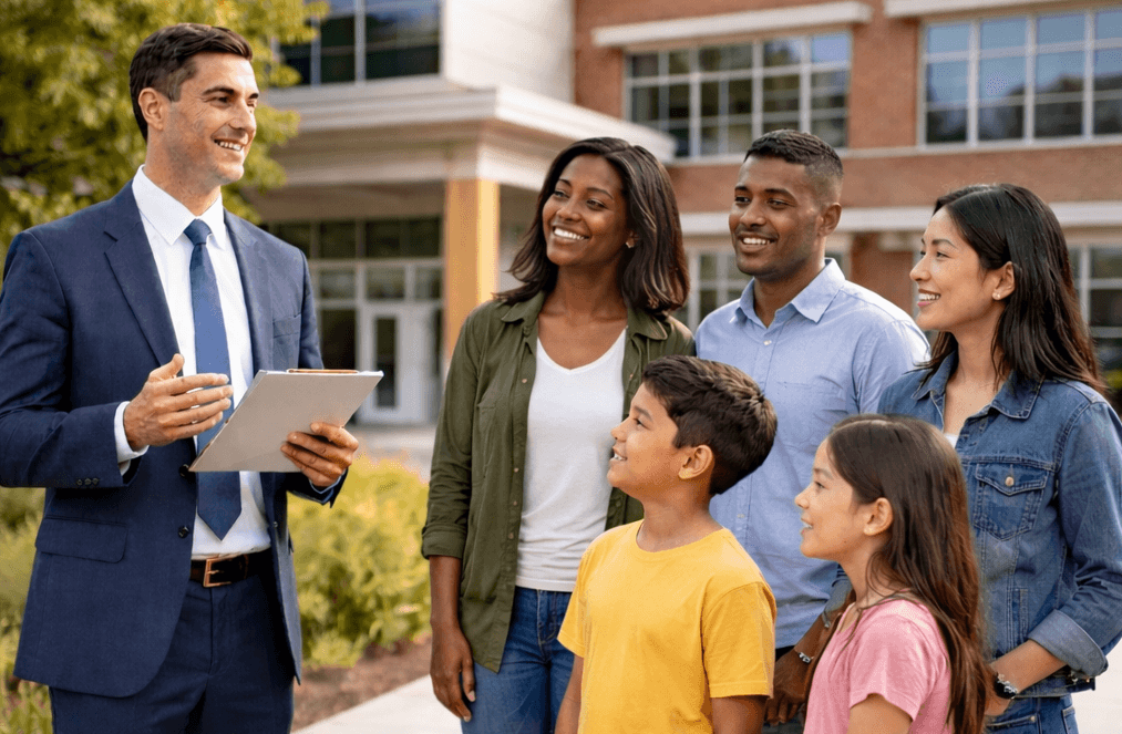 A group of people standing outside a building, discussing strategies from the District Communications Playbook.