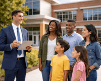 A group of people standing outside a building discussing strategies from the District Communications Playbook
