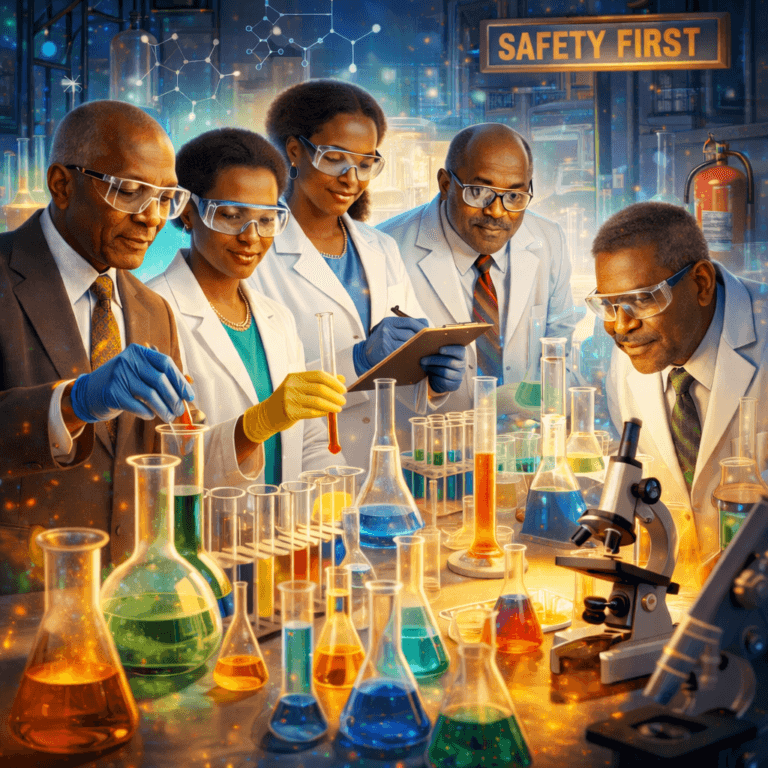 Digital illustration honoring African American scientists who advanced safety in science education.