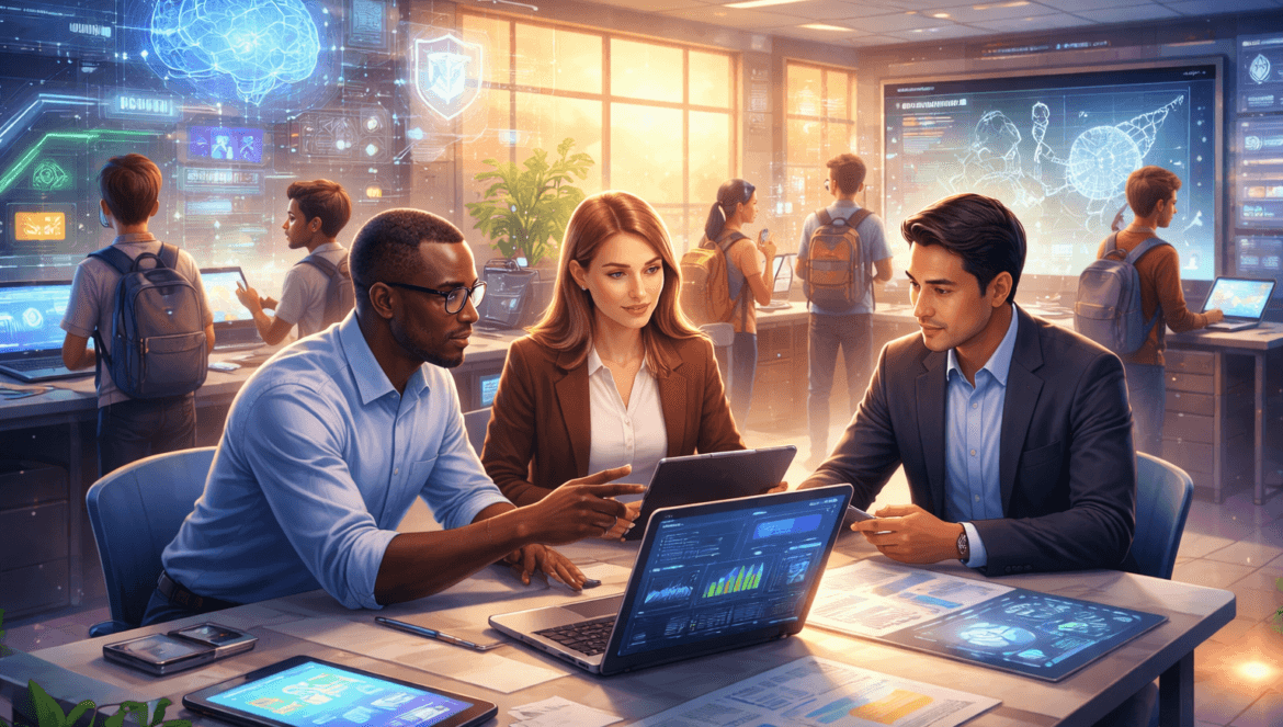 Three professionals collaborate at a table with laptops and digital charts in a modern tech office, driving K–12 innovation in 2026, while others work at interactive screens in the background.