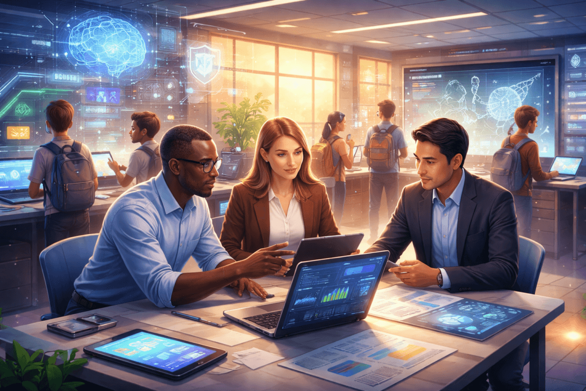 Three professionals collaborate at a table with laptops and digital charts in a modern tech office, driving K–12 innovation in 2026, while others work at interactive screens in the background.