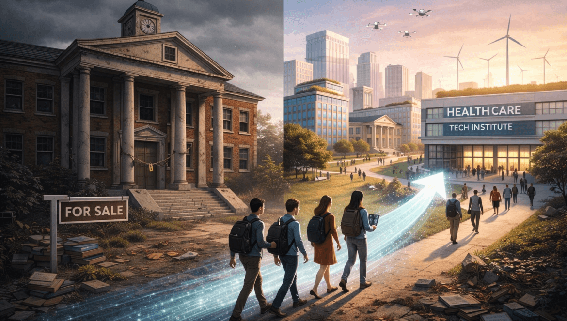A group of students walk from an old, abandoned school bearing a For Sale sign—a nod to Higher Education Closures—to a modern tech and healthcare institute, symbolizing educational transformation.