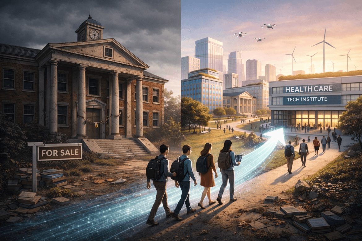 A group of students walk from an old, abandoned school bearing a For Sale sign—a nod to Higher Education Closures—to a modern tech and healthcare institute, symbolizing educational transformation.