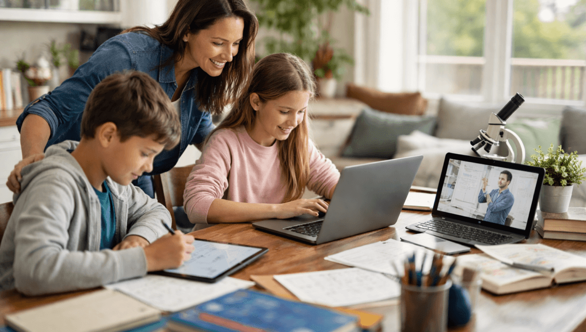 A woman assists two children working on laptops at a desk with books and papers, embracing homeschooling while a virtual lesson with a teacher is displayed on a laptop screen.