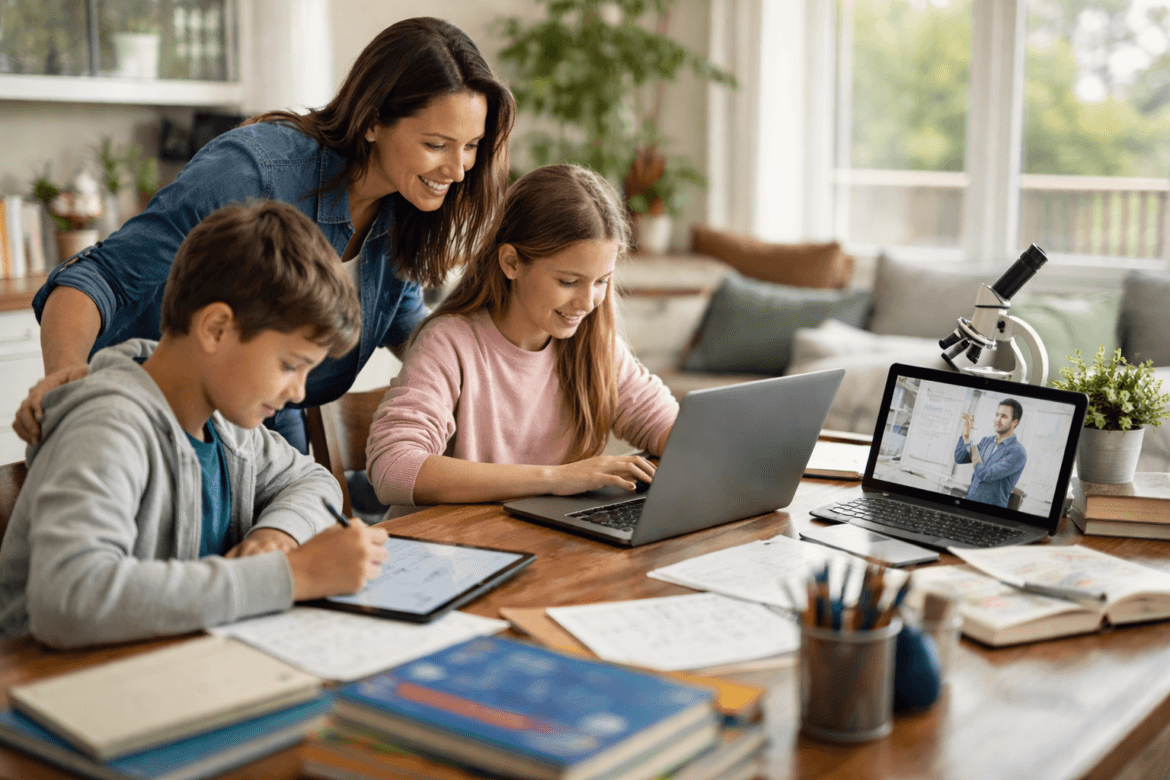 A woman assists two children working on laptops at a desk with books and papers, embracing homeschooling while a virtual lesson with a teacher is displayed on a laptop screen.