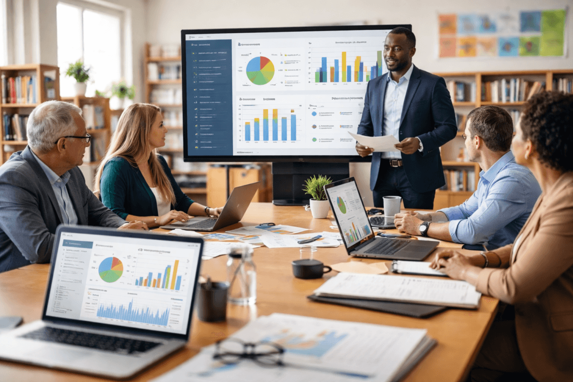 A group of professionals in a meeting room discusses K–12 procurement data charts and graphs displayed on a large screen and laptops, with documents and notebooks on the table.