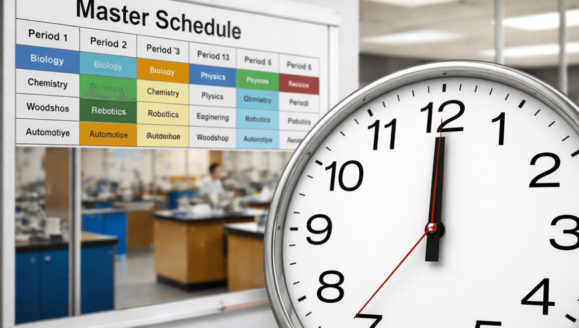 A classroom wall displays a master schedule with subjects for each period, promoting safety and organization; a large clock in the foreground shows the time as 1:59.