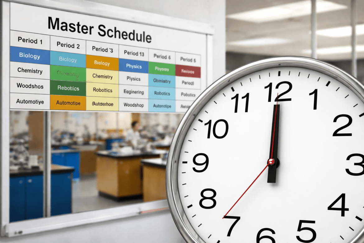 A classroom wall displays a master schedule with subjects for each period, promoting safety and organization; a large clock in the foreground shows the time as 1:59.