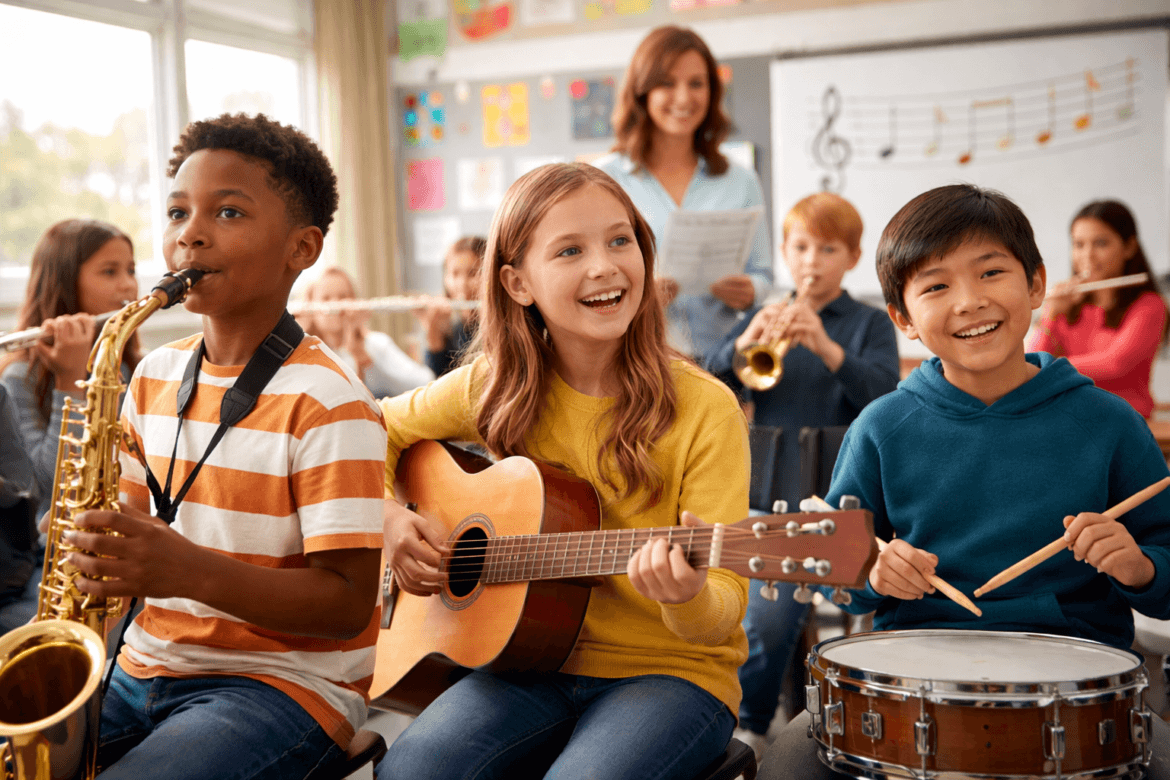 Children play musical instruments, including saxophone, guitar, and drums, in a classroom as part of Music Education. Other students and a teacher are visible in the background. Music notes decorate the wall.