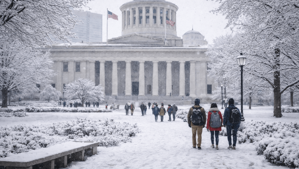 A group of people walking in the snow with the Ohio Statehouse in the background, as discussions around Ohio Senate Bill 1 Is Reshaping Higher Education continue to unfold.