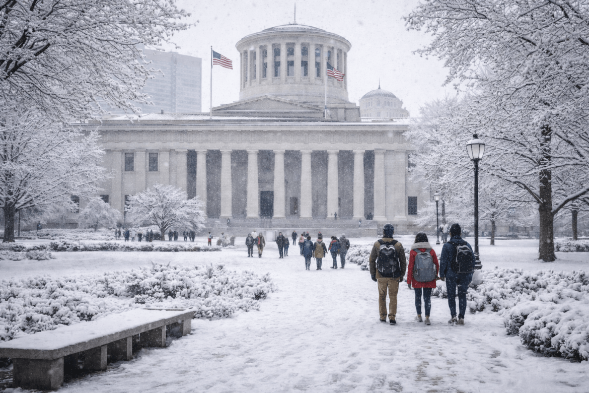 A group of people walking in the snow with the Ohio Statehouse in the background, as discussions around Ohio Senate Bill 1 Is Reshaping Higher Education continue to unfold.