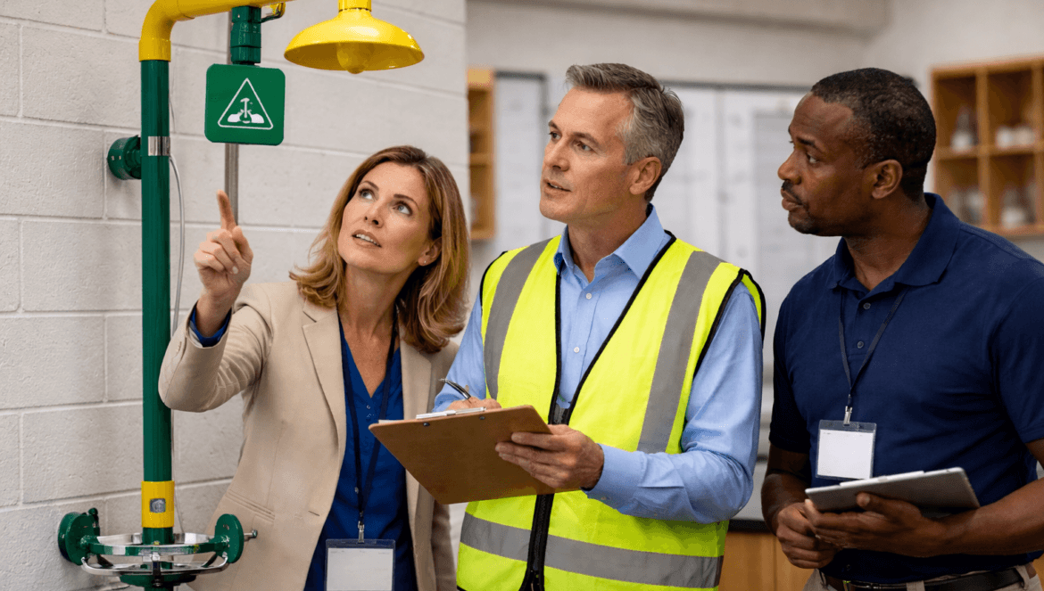 Three professionals stand next to a safety shower, with one woman pointing at it while two men take notes and observe—a practical demonstration of Safety Audits That Matter in Active Classrooms.