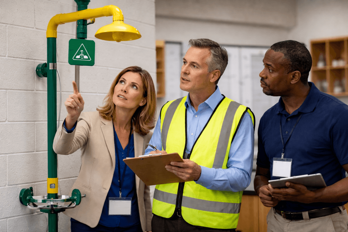 Three professionals stand next to a safety shower, with one woman pointing at it while two men take notes and observe—a practical demonstration of Safety Audits That Matter in Active Classrooms.