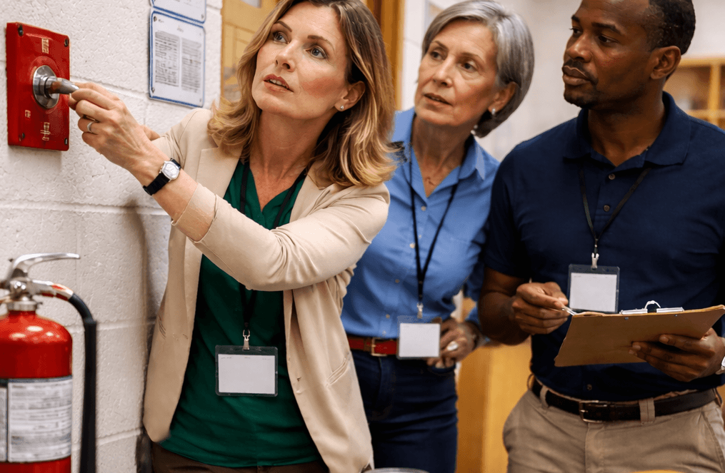 Three adults with name badges observe as one woman demonstrates how to use a fire alarm pull station during safety training in a hallway; a fire extinguisher and hard hat are visible nearby.