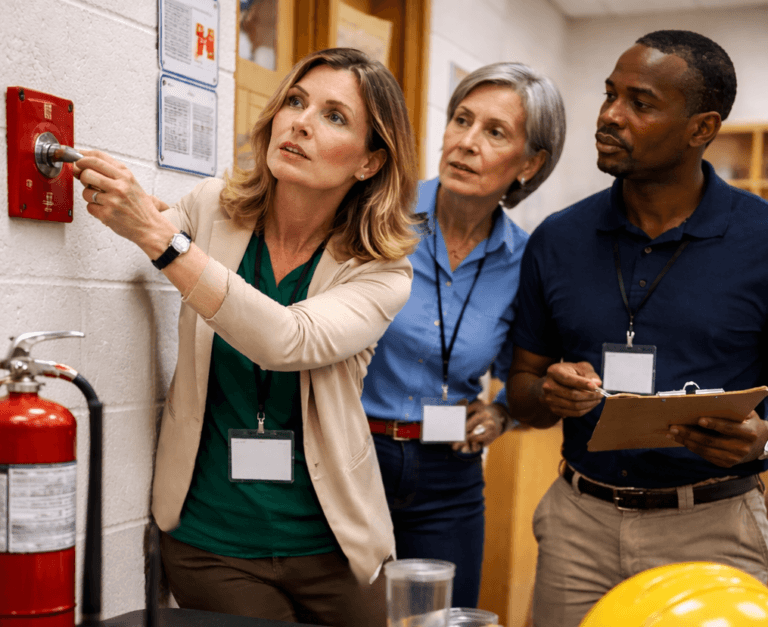 Three adults with name badges observe as one woman demonstrates how to use a fire alarm pull station during safety training in a hallway; a fire extinguisher and hard hat are visible nearby.