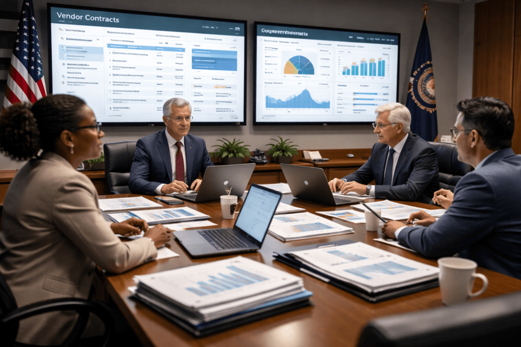 Four business professionals sit at a conference table with laptops and documents discussing School Board Procurement Oversight in 2026 as data charts and graphs are displayed on large screens in a corporate office setting