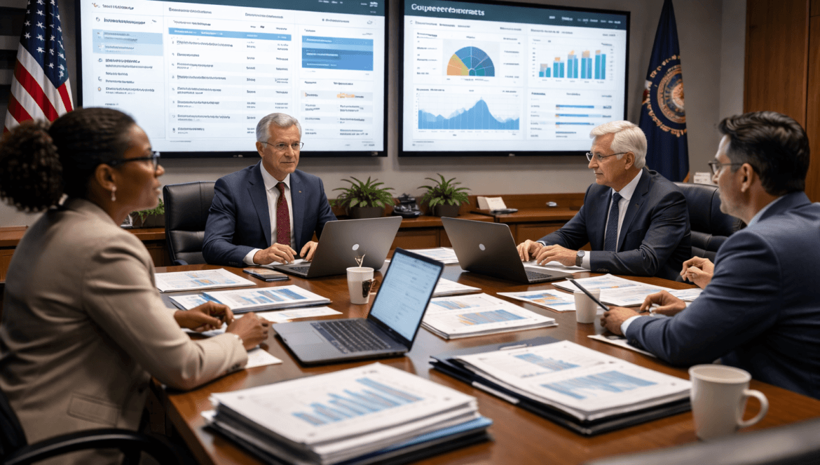 Four business professionals sit at a conference table with laptops and documents, discussing School Board Procurement Oversight in 2026 as data, charts, and graphs are displayed on large screens in a corporate office setting.