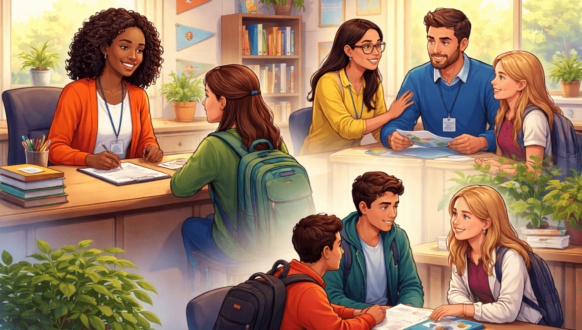 During School Counselor Appreciation Week 2026, students and parents meet with teachers and counselors in a bright, well-lit school office filled with books, plants, and educational materials.