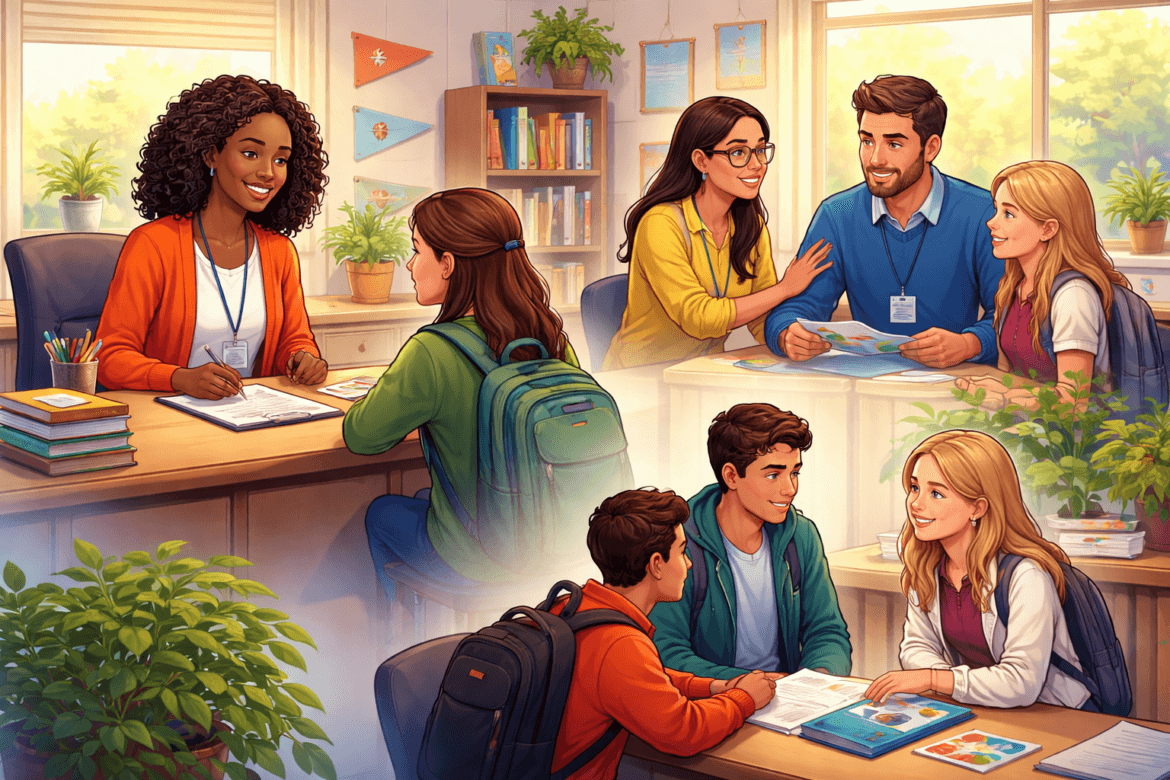 During School Counselor Appreciation Week 2026, students and parents meet with teachers and counselors in a bright, well-lit school office filled with books, plants, and educational materials.
