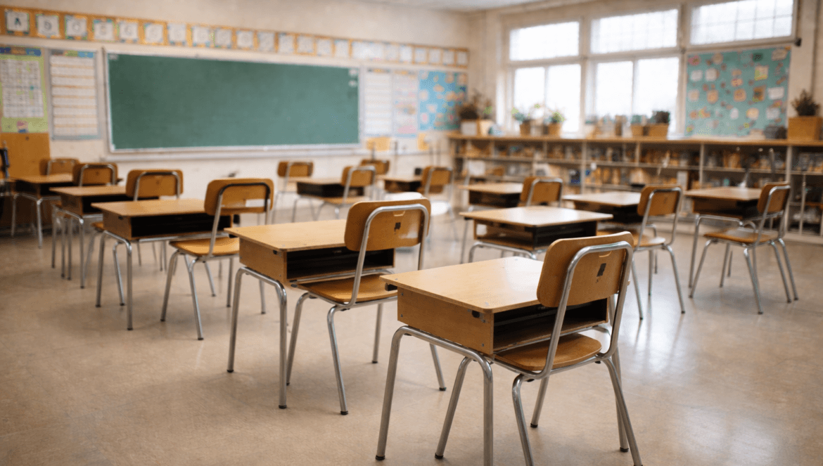 Rows of empty wooden desks and chairs in a well-lit classroom with a green chalkboard and educational posters on the walls reflect the impact as School District Layoffs Surge Nationwide.