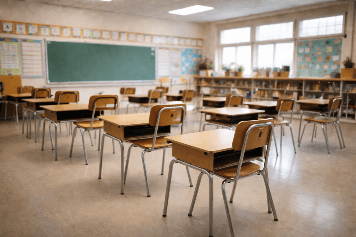 Rows of empty wooden desks and chairs in a well-lit classroom with a green chalkboard and educational posters on the walls reflect the impact as School District Layoffs Surge Nationwide.