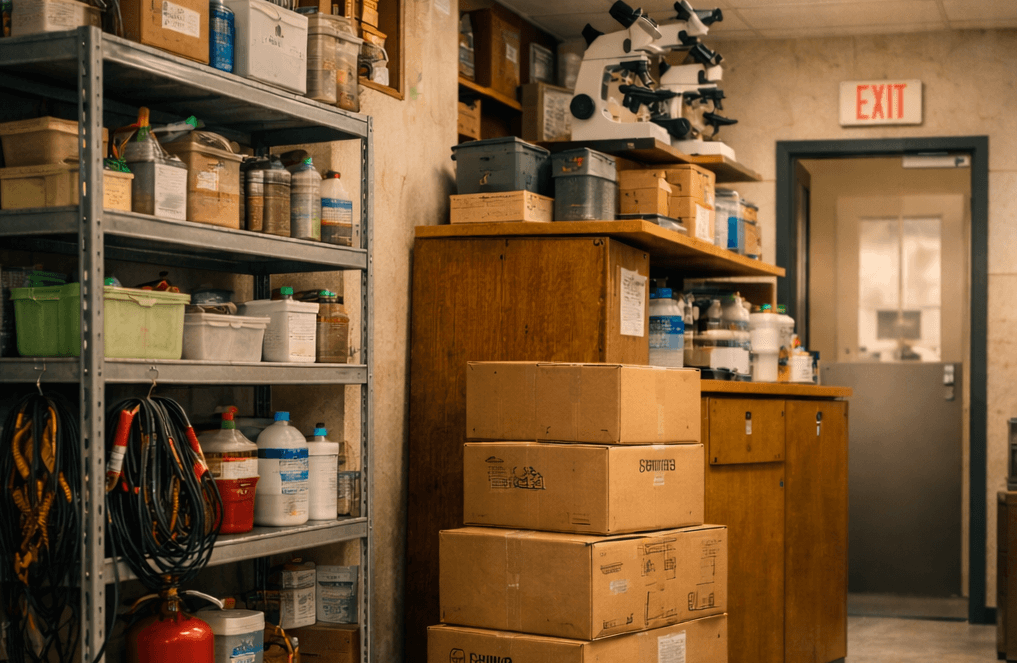 A laboratory room with shelves of bottles and supplies, school equipment stored in cardboard boxes on the floor, microscopes on a cabinet, and an exit door in the background.