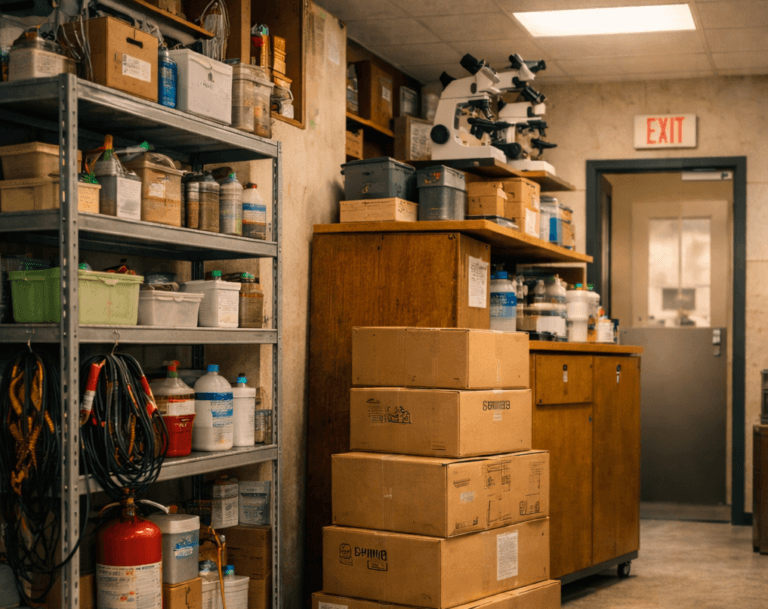 A laboratory room with shelves of bottles and supplies, school equipment stored in cardboard boxes on the floor, microscopes on a cabinet, and an exit door in the background.