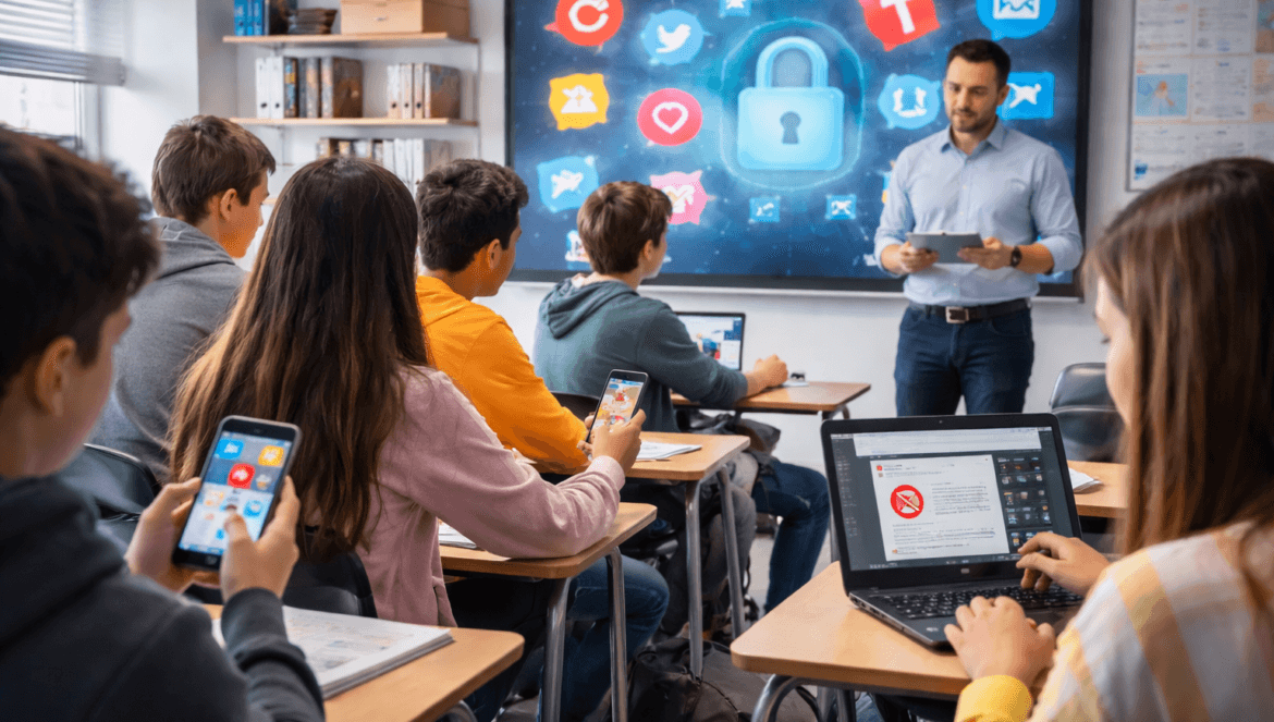 A teacher stands at the front of a classroom with students using laptops and smartphones, while a screen displays a padlock and digital security icons—a scene highlighting Social Media Education in High School Today.