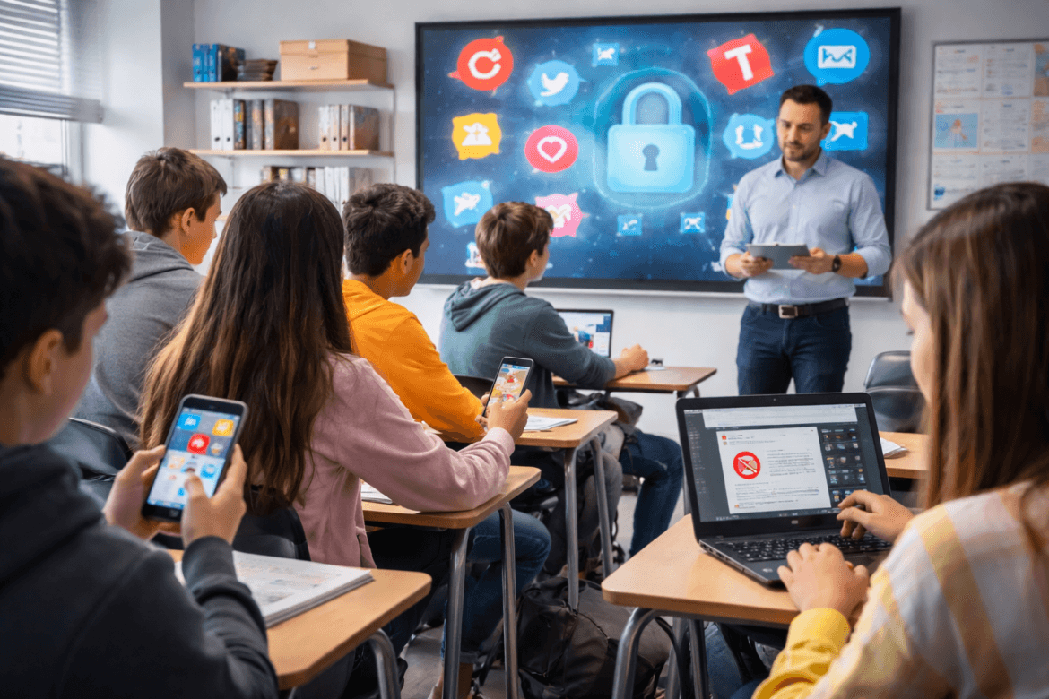 A teacher stands at the front of a classroom with students using laptops and smartphones, while a screen displays a padlock and digital security icons—a scene highlighting Social Media Education in High School Today.