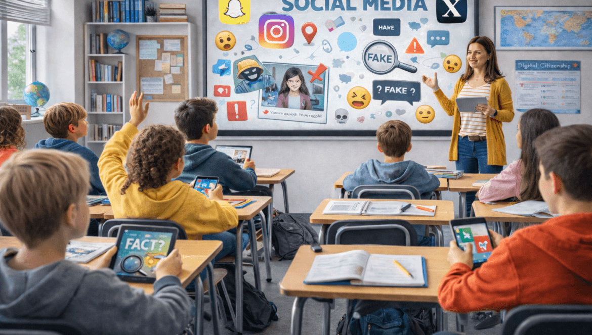 A teacher leads a Social Media Education in Middle School classroom discussion, with students raising hands and using tablets as social media icons are displayed on a screen at the front.